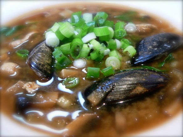 Mussel, mushroom miso soup by J